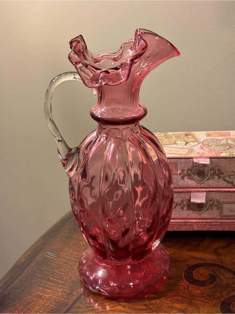 Cranberry Glass Diamond Optic Melon Ribbed Pitcher - Picture 4 of 7